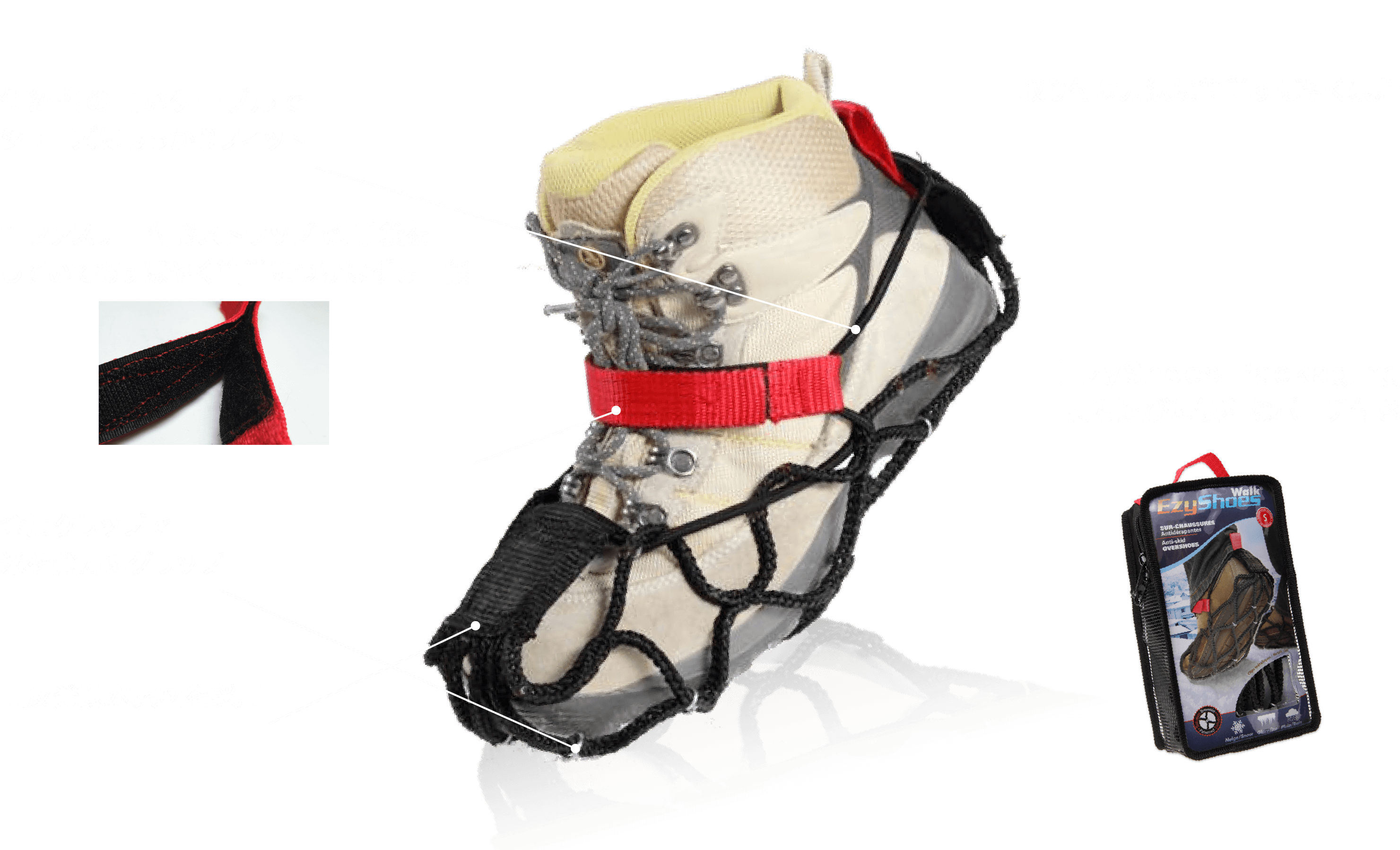 伸縮性の高いケーブルでシューズにしっかりフィット 両ファスナー付きストラップで、手袋をしていてもすばやく簡単につけはずし可能 金属クリップで氷を強力にグリップ 高反発疎水素材を採用 Ezy Shoes Packaging持ち運びに便利なポーチ付き